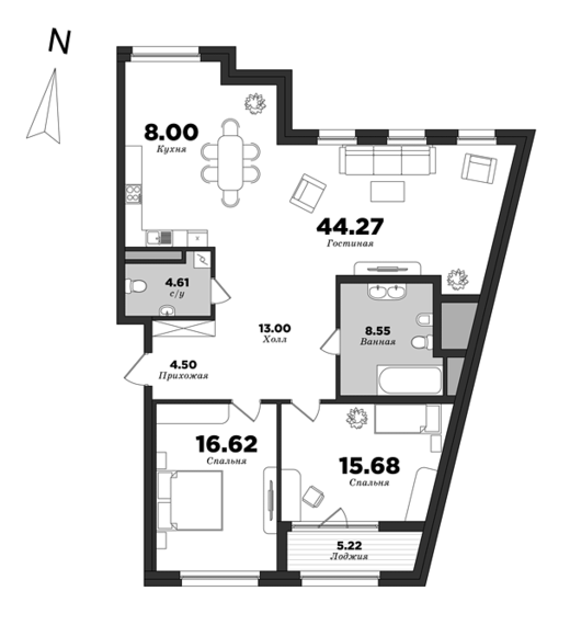 Приоритет, Корпус 1, 2 спальни, 117.84 м² | планировка элитных квартир Санкт-Петербурга | М16